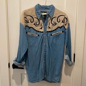 Rivergold Ladies Denim and Suede Snap Button‎ Long Sleeve Shirt.  Size Large.